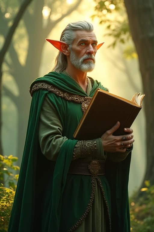 A regal elf king stands tall amidst a misty forest glade, his piercing emerald eyes scanning the surroundings as he holds an ancient tome aloft. The golden light of dawn casts long shadows across his pointed ears and the delicate features of his noble face. His slender fingers, adorned with rings, grasp the book's worn leather cover, conveying wisdom and authority.