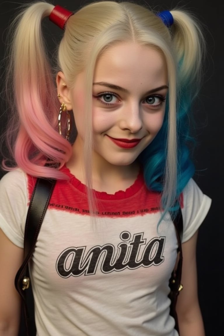 preteen Young sexy kid Harley Quinn, skinny, with the word "anita" written on the shirt, ((15 years old)), very slim