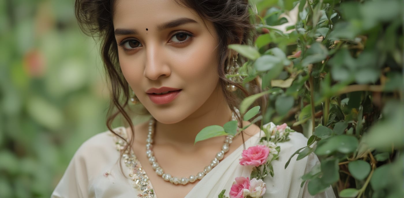 Captured at eye-level, a close-up shot of a sexy Indian woman in a white Saree adorned with pink flowers and green leaves. She is adorned with a pearl necklace, earrings, and a ring on her nose. Her hair is styled in a wavy bob, and her eyes are adorned with black dots. The background is blurred, suggesting a natural setting. The woman's hair is pulled back, adding a touch of greenery to the scene. 