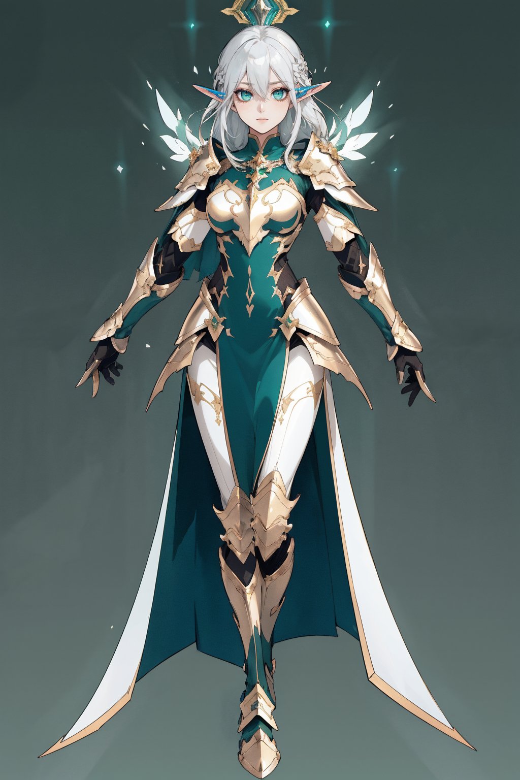 score_9, score_8_up, score_7_up, (CharacterSheet:1), elf female, silver hair, green eyes, wearing light golden paladin armor, dynamic pose, full body, wielding a radiant sword with light magic, reference sheet, (UHD), (digital art), (highly detailed), (simple solid background), CharacterDesignXL, cartoon, Eyes, Beautiful eyes
