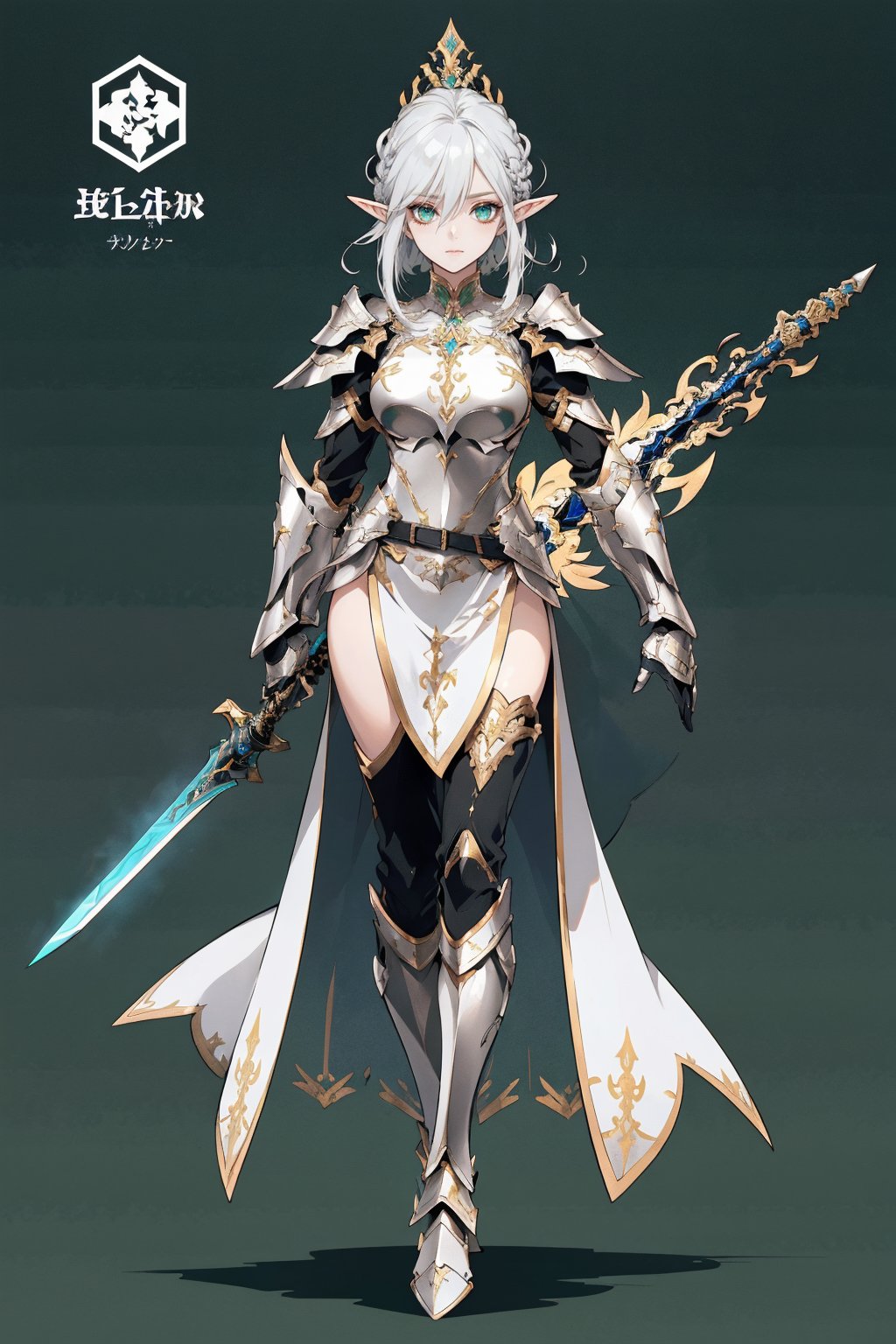 score_9, score_8_up, score_7_up, (CharacterSheet:1), elf female, silver hair, green eyes, wearing light golden paladin armor, dynamic pose, full body, wielding a radiant sword with light magic, reference sheet, (UHD), (digital art), (highly detailed), (simple solid background), CharacterDesignXL, cartoon, Eyes, Beautiful eyes
