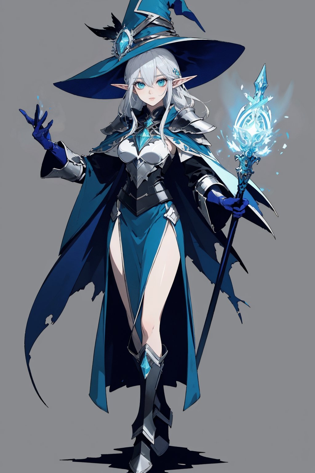 score_9, score_8_up, score_7_up, (CharacterSheet:1), elf female, dark blue mage robes with light armor, silver hair, green eyes, dynamic pose, full body, wielding a staff with water magic, wearing a witch/mage hat, reference sheet, (UHD), (digital art), (highly detailed), (simple solid background), CharacterDesignXL, cartoon, Eyes, Beautiful eyes

