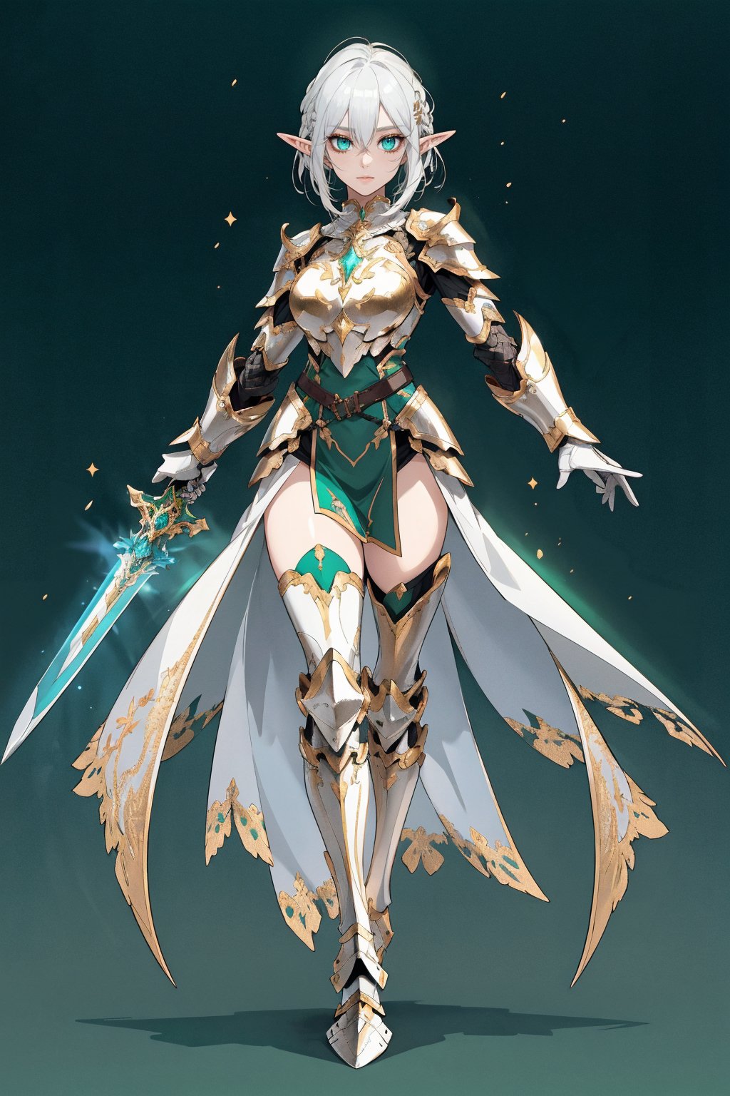 score_9, score_8_up, score_7_up, (CharacterSheet:1), elf female, silver hair, green eyes, wearing light golden paladin armor, dynamic pose, full body, wielding a radiant sword with light magic, reference sheet, (UHD), (digital art), (highly detailed), (simple solid background), CharacterDesignXL, cartoon, Eyes, Beautiful eyes
