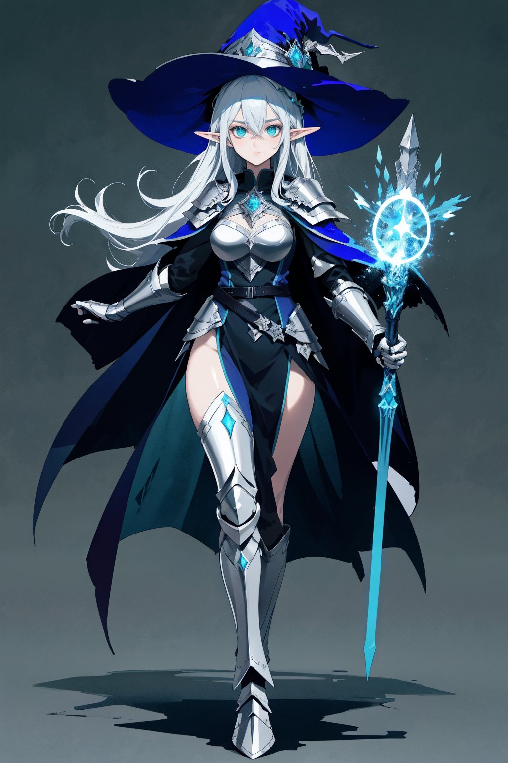 score_9, score_8_up, score_7_up, (CharacterSheet:1), elf female, dark blue mage robes with light armor, silver hair, green eyes, dynamic pose, full body, wielding a staff with water magic, wearing a witch/mage hat, reference sheet, (UHD), (digital art), (highly detailed), (simple solid background), CharacterDesignXL, cartoon, Eyes, Beautiful eyes

