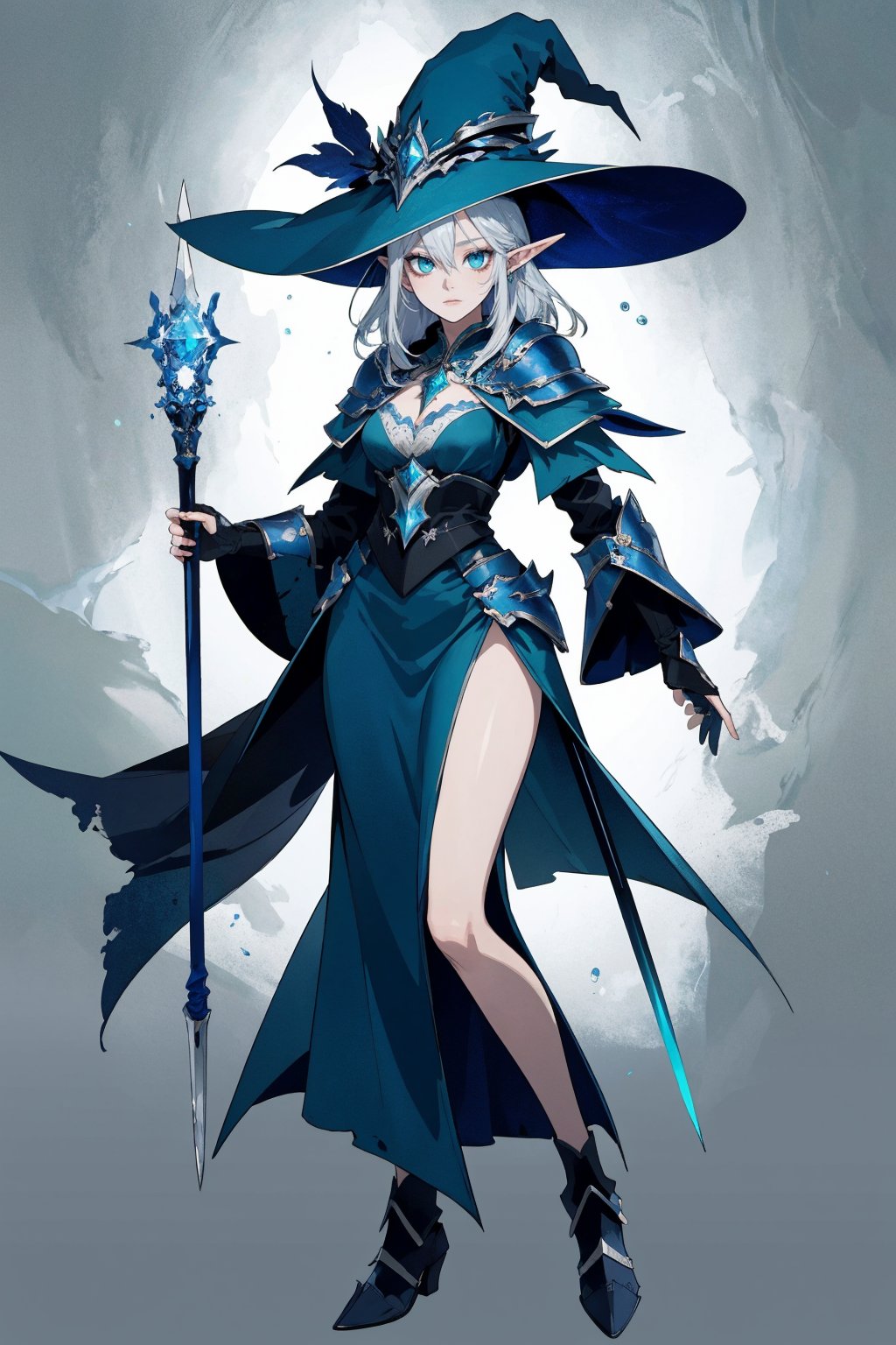 score_9, score_8_up, score_7_up, (CharacterSheet:1), elf female, dark blue mage robes with light armor, silver hair, green eyes, dynamic pose, full body, wielding a staff with water magic, wearing a witch/mage hat, reference sheet, (UHD), (digital art), (highly detailed), (simple solid background), CharacterDesignXL, cartoon, Eyes, Beautiful eyes

