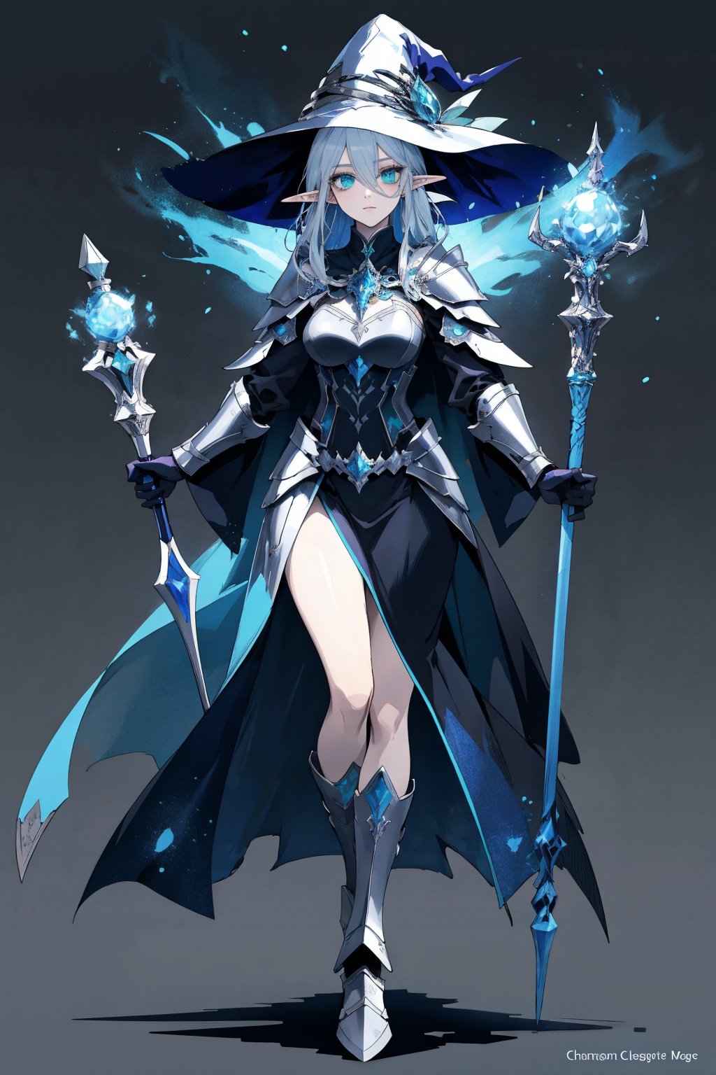 score_9, score_8_up, score_7_up, (CharacterSheet:1), elf female, dark blue mage robes with light armor, silver hair, green eyes, dynamic pose, full body, wielding a staff with water magic, wearing a witch/mage hat, reference sheet, (UHD), (digital art), (highly detailed), (simple solid background), CharacterDesignXL, cartoon, Eyes, Beautiful eyes

