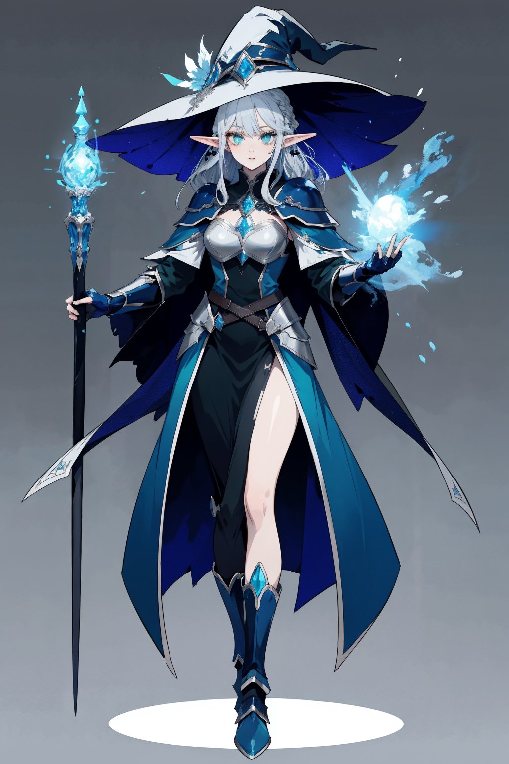 score_9, score_8_up, score_7_up, (CharacterSheet:1), elf female, dark blue mage robes with light armor, silver hair, green eyes, dynamic pose, full body, wielding a staff with water magic, wearing a witch/mage hat, reference sheet, (UHD), (digital art), (highly detailed), (simple solid background), CharacterDesignXL, cartoon, Eyes, Beautiful eyes

