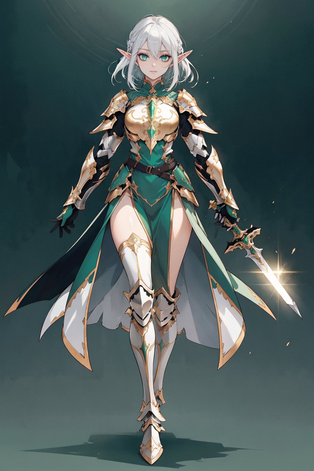 score_9, score_8_up, score_7_up, (CharacterSheet:1), elf female, silver hair, green eyes, wearing light golden paladin armor, dynamic pose, full body, wielding a radiant sword with light magic, reference sheet, (UHD), (digital art), (highly detailed), (simple solid background), CharacterDesignXL, cartoon, Eyes, Beautiful eyes
