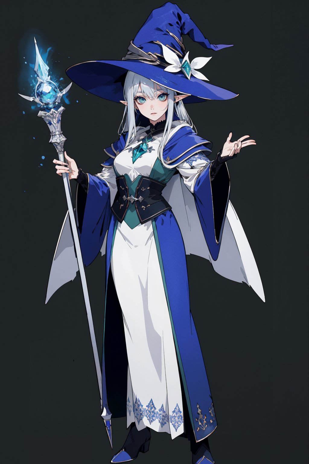 score_9, score_8_up, score_7_up, (CharacterSheet:1), elf female, dark blue mage robes, silver hair, green eyes, dynamic pose, full body, wielding a staff with water magic, wearing a witch/mage hat, reference sheet, (UHD), (digital art), (highly detailed), (simple solid background), CharacterDesignXL, cartoon, Eyes, Beautiful eyes

