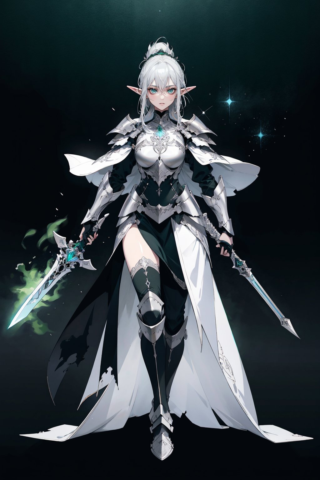 score_9, score_8_up, score_7_up, (CharacterSheet:1), elf female, paladin armor, silver hair, green eyes, dynamic pose, full body, from side, front:1.1, simple black background, intricate details, dynamic light, aura of light, wielding a radiant greatsword with glowing edges, reference sheet, (UHD), (digital art), (highly detailed)