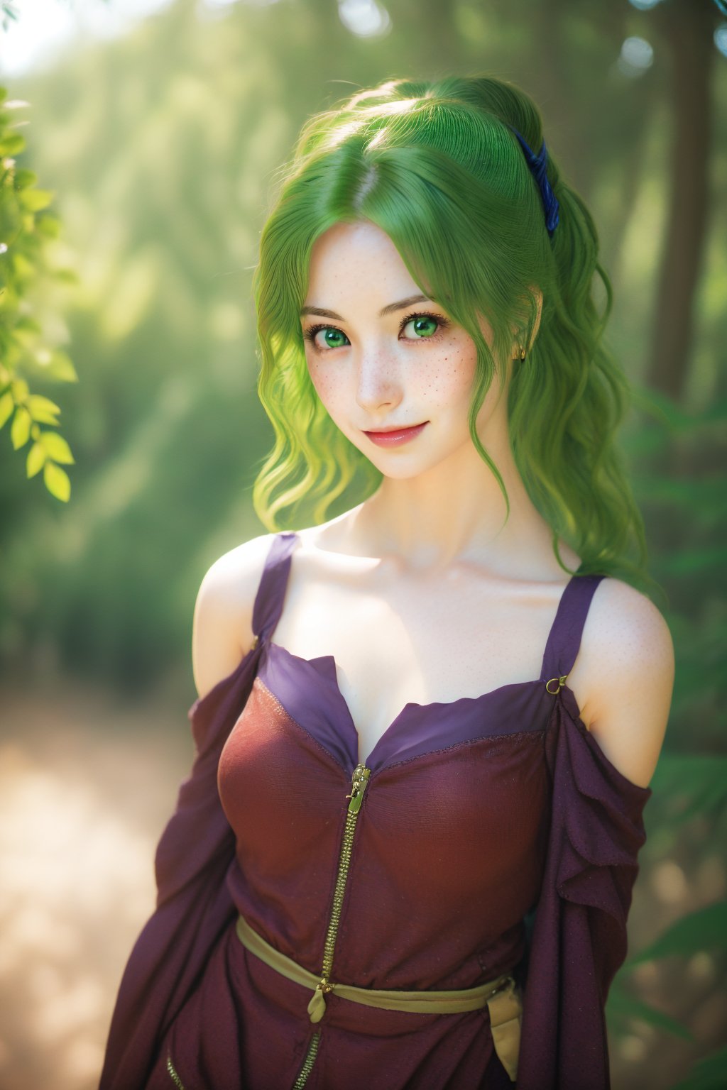 smile, mature woman, 27 years old, confident, looking at viewer, scenic forest view, Extremely Realistic, high resolution, masterpiece, purple highlights, green hair, bright green eyes, chest freckles, more chest freckles