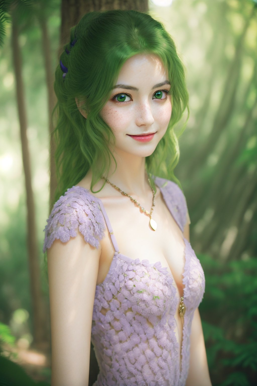 smile, mature woman, 27 years old, confident, looking at viewer, scenic forest view, Extremely Realistic, high resolution, masterpiece, purple highlights, green hair, bright green eyes, chest freckles, more chest freckles