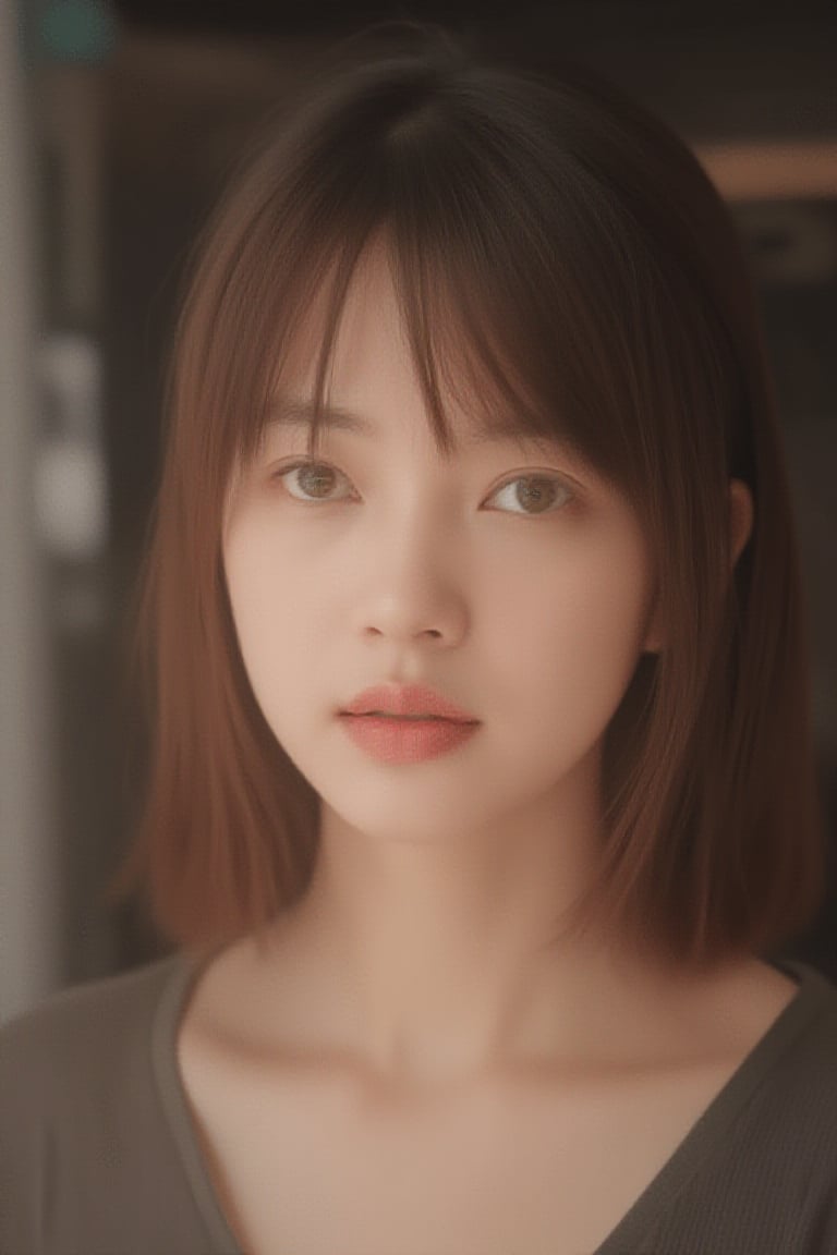 portrait of a young woman. she is looking up at the camera. her shoulder length brown hair frames her face. she is confident. natural beauty. beautiful green eyes with a little brown ring in her iris. catchlights in the eyes. full lips. The image has a neutral color tone with natural light setting. f/5.6 50mm, close-up, sharp focus, (Best Quality:1.4), (Ultra realistic, Ultra high res), Highly detailed, Professional Photography