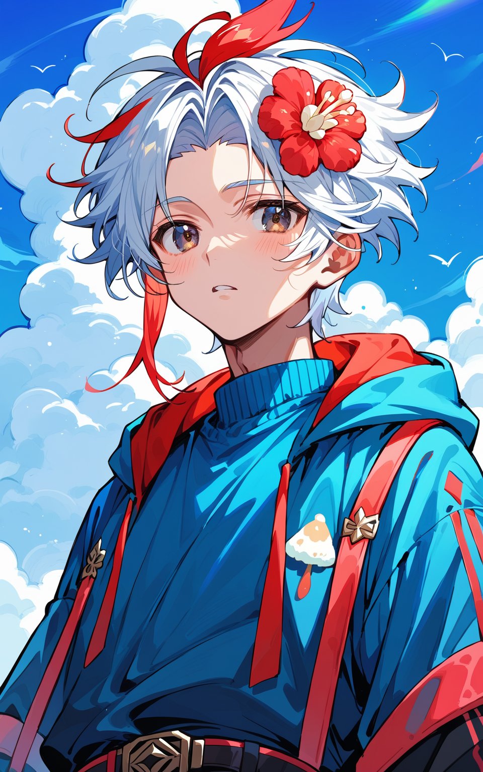 score_9,score_8_up,score_7_up, 1 boy, looking at viewer, light blush, style twitch emote, mushroom haircut, white hair, red streak on forehead, long sleeves, jacket, upper body, parted lips, sky, belt, cloud, small red hair flower, black eyes, blue sweater, blue ,pastel colors, character Kaedehara Kazuha from genshin impact