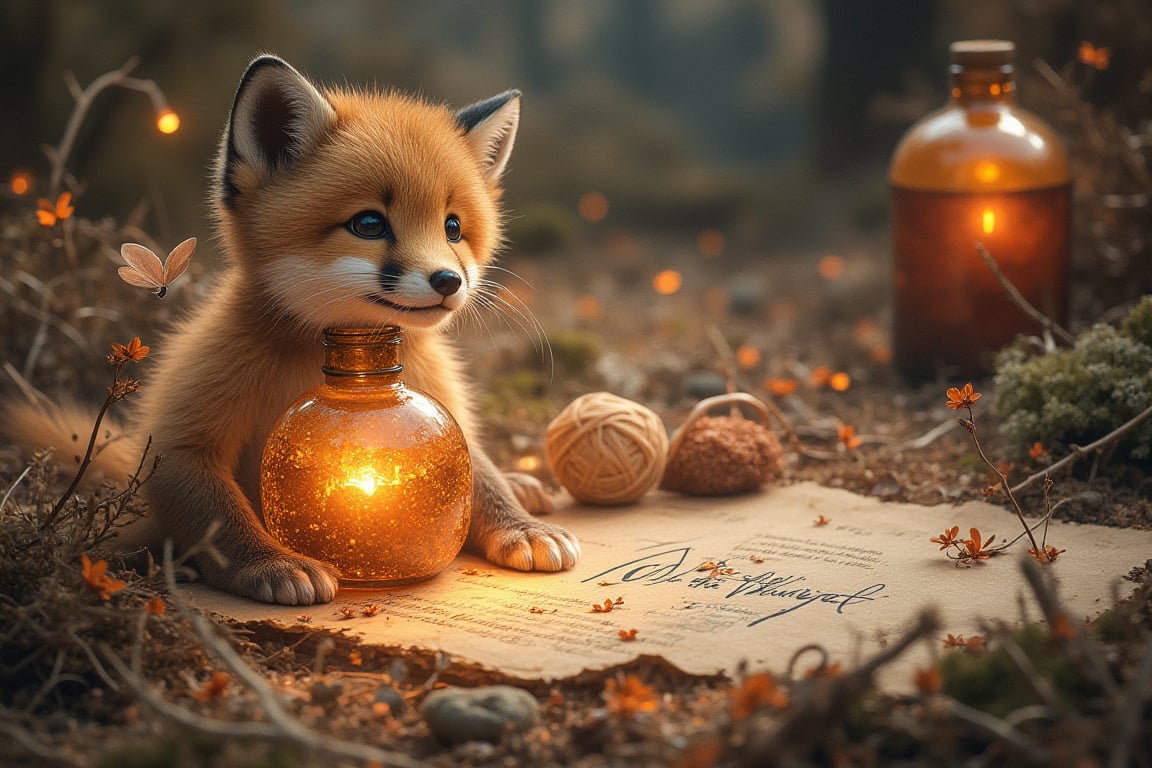 ((ultra realistic photo)), artistic sketch art, Make a little pencil sketch of a cute LITTLE FOX-CUB on an old TORN EDGE paper , art, textures, pure perfection, high definition, feather around, TINY DELICATE FLOWERS, ball of yarn, cushion, pillow on the paper, detailed calligraphy texts, TINY delicate drawings, tiny delicate signature The bottle’s glow casts a magical aura over the scene, creating an atmosphere of forgotten spells, ancient magic, and hidden secrets.  fireflies around the bottle. The bottle labelled with the text "save the planEt"! SOME Tiny, vibrant flower and moss encircle the letter.  The overall scene is tranquil yet mystical, with nature reclaiming the old magical relic. The overall scene is whimsical, serene, and full of enchantment.