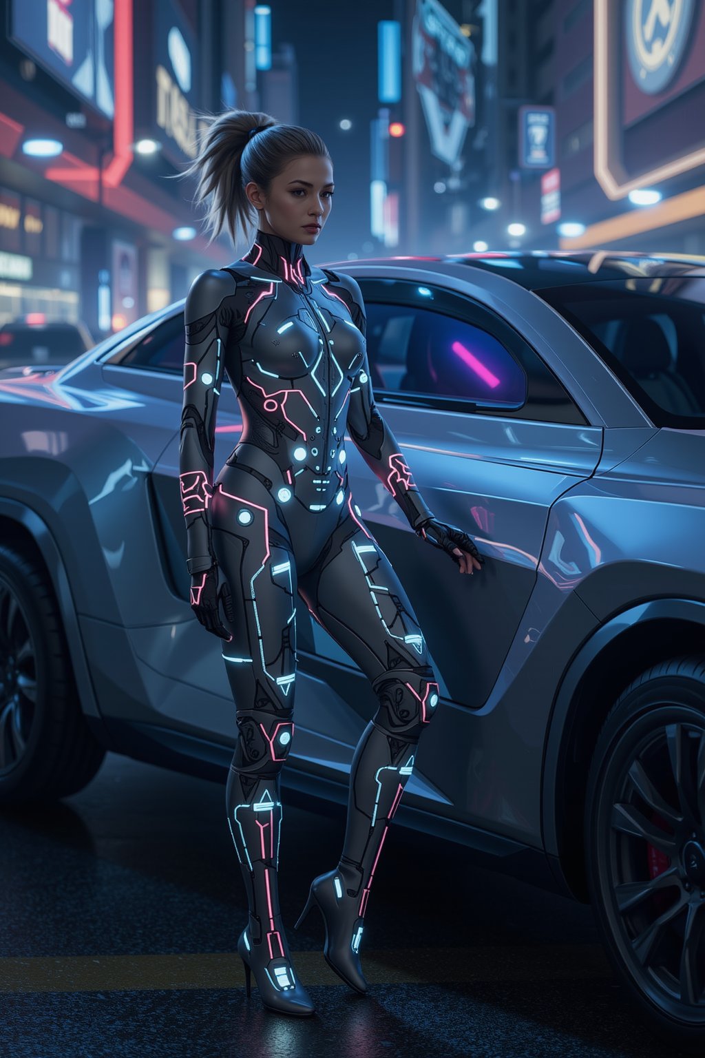 A female robot model in a glowing bodysuit made of flexible nanomaterials, standing next to a Tesla future truck. Her robotic limbs and glowing circuits complement the truck's futuristic, angular design. The scene is set in a high-tech city, with neon lights and a sleek sci-fi aesthetic, FuturEvoLabMecha