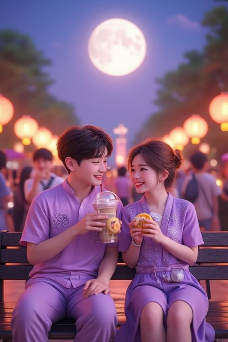 A modern Chinese Moon Festival scene in a bustling park, a handsome boy and a beautiful girl dressed in matching purple outfits, sitting on a bench. They are enjoying traditional mooncakes, specifically round egg yolk pastries filled with red bean paste and a whole egg yolk, under the full moon. The summer heat is evident as they wear light summer clothing. They sip pearl milk tea, chatting and laughing joyfully, despite the crowd around them. The scene is illuminated by the bright, round moon, captured in an official art style with detailed, vibrant colors.