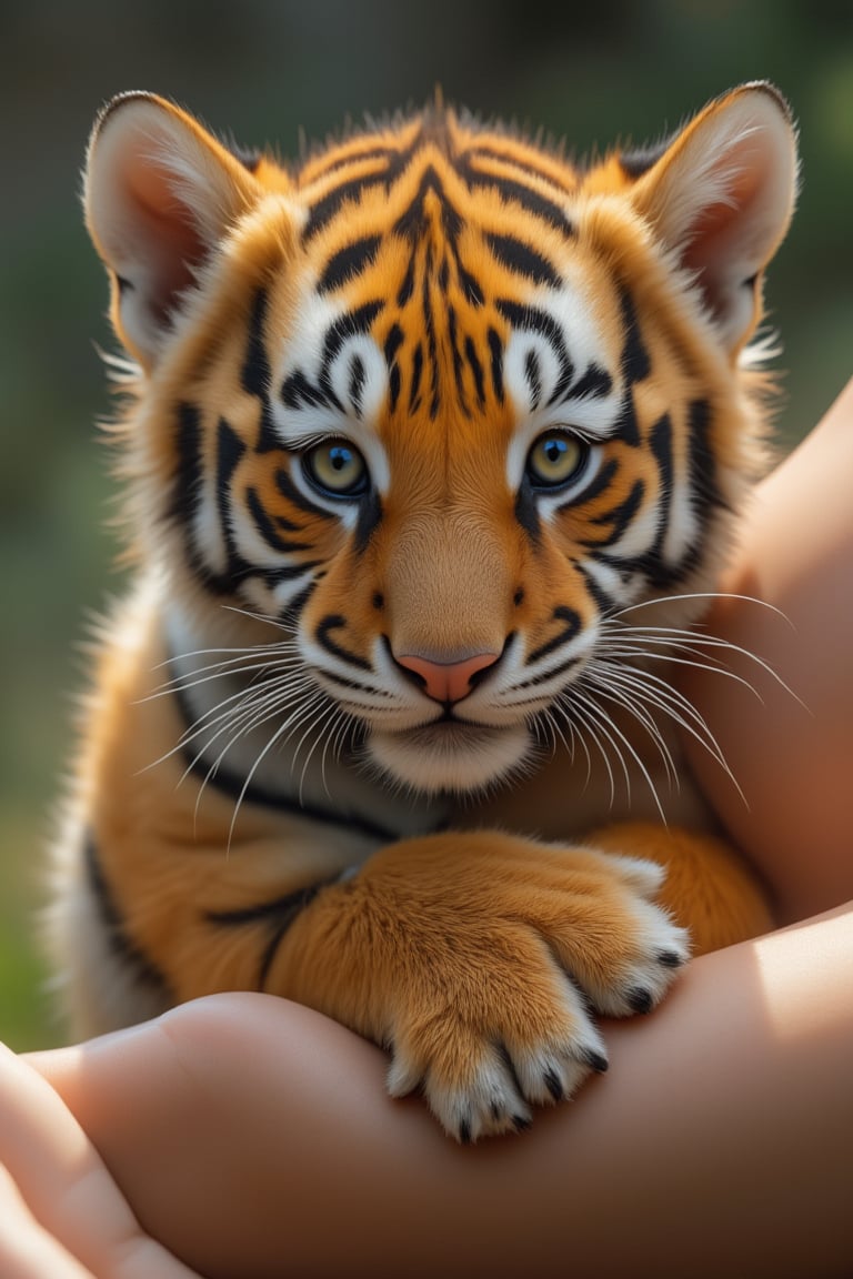 Realistic photo of a little tiger tightly hugging a person's arm with its paws, captured in a close-up shot. The tiger's fur is detailed, with sharp eyes and playful expression. The person's arm is gently wrapped around the tiger, creating a warm and intimate moment. Soft natural lighting enhances the texture of the fur and the gentle embrace. Midjourney_Whisper.