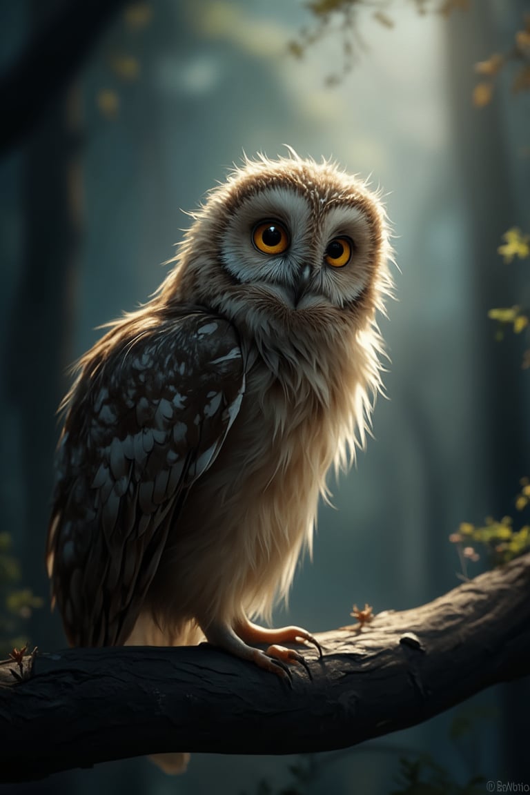 Funny animals, Midjourney style, Photorealism, Cinematic style, high fidelity, realism, chiaroscuro, play of shadow and light, rays of light. A small zhibi owl.