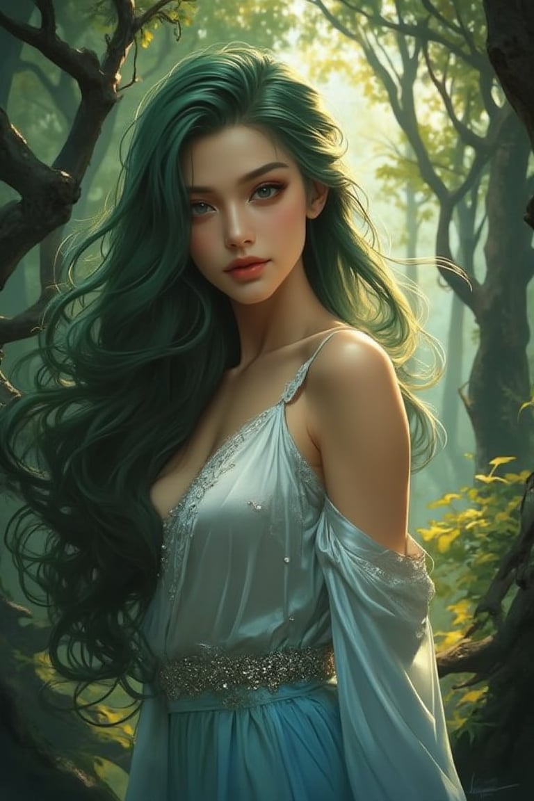 Lacquer painting style. A beautiful and charming woman with green silky wavy long hair, bright green and smart big eyes, thick eyelashes, and perfect facial proportions. She exudes confidence in a silver and blue outfit, highlighted by the soft golden light bathing her face. The enchanting forest setting showcases her striking features, including long hair flowing like a moonlit stream. Towering trees with twisted branches create a hypnotic dance, enhancing the gorgeous details of her attire.