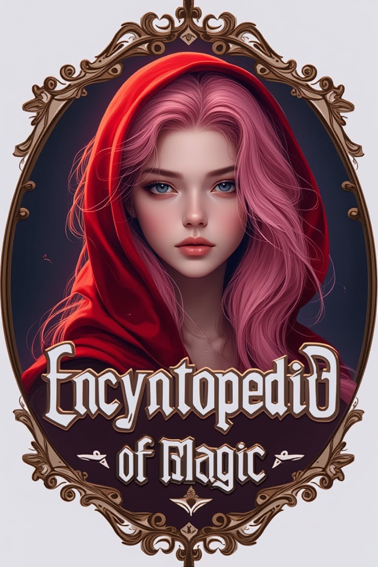 Rococo stylized logo with a circular design, featuring a young, beautiful, and attractive woman with long pink hair, mood art, and wearing a red hooded dress in the center. The colorful background contrasts nicely with the platinum text Encyclopedia of Magic. The minimalist composition highlights the logo's unique typography.