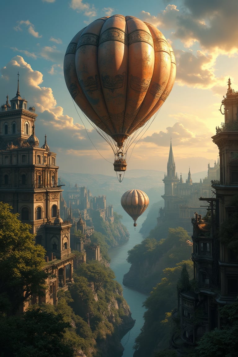 Masterpiece, best quality, neo-rococo punk art, extremely detailed CG uniform 128K wallpaper, absurd, 128k resolution cosmic style. Hot air balloon with steampunk design floats above a Victorian city, featuring gears, steam, brass, copper, clockwork, ruins of a lost civilization, ancient buildings overgrown with jungle greenery. Atmospheric, dramatic evening with warm golden light, sunset, clouds, and blue sky. Detailed, vibrant, dynamic, intricate, immersive landscape, captivating, painting, reality, epic, grand, adventure, exploration, mysterious, alluring, evocative, inspiring, stunning. Transparent, transparent.