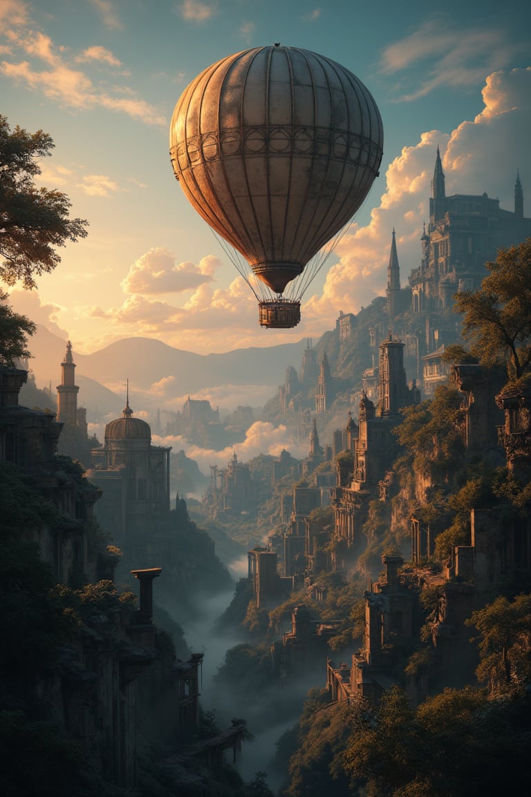 Masterpiece, best quality, neo-rococo punk art, extremely detailed CG uniform 128K wallpaper, absurd, 128k resolution cosmic style. A hot air balloon with steampunk design floats above a Victorian city, featuring gears, steam, brass, copper, clockwork, ruins of a lost civilization, ancient buildings overgrown with jungle greenery. The atmospheric, dramatic evening scene is bathed in warm, golden light from the sunset, with clouds and a blue sky. The detailed, vibrant, dynamic, intricate, immersive landscape captivates with its epic, grand, adventurous, explorative, mysterious, alluring, evocative, and inspiring beauty.