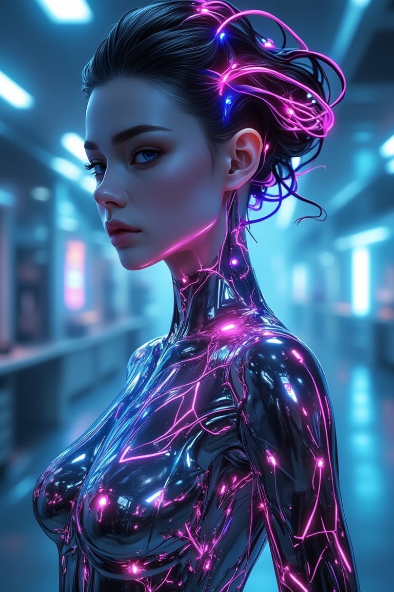 Stylish female robot with a mirror-polished chrome body reflecting its surroundings, featuring feminine curves and vibrantly colored cables extending from its head like hair. Intricate, glowing pink and blue tattoos cover its metallic skin, creating circuit designs that shimmer with an ethereal glow. The robot stands in a futuristic laboratory, surrounded by holographic displays and advanced technology, with eyes radiating gentleness and wisdom. Hyper-realistic details, 128K resolution, ray tracing, cinematic lighting. Super masterpiece.