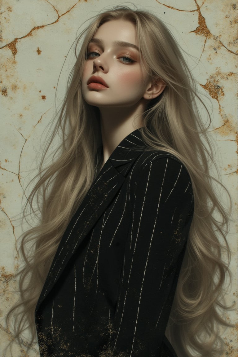 Realistic close-up shot of a stunning, elegant 20-year-old European woman wearing a dark black striped suit, with long bright blond hair and bright green eyes. She expertly poses a sexy female model with her head raised in a double exposure, incorporating the intricate artistic styles of Alex Stoddard, Natalia Drapina and Brooke Shaden. Surrealism on cracked paper, dynamic, unusual and retro. 128K, Illustration, High Detail, High Budget, Bokeh, Cinema Wide, Moody, Epic, Gorgeous, Film Grain, Grainy, High Quality Photography, 3 Point Cinema Glory Lighting, Soft Focus Flash, Canon EOS R3, HDR, Smooth, Sharp, high-resolution, award-winning action photos, jump photos, 50mm, wide-angle shot, away from camera, full body, f2.8, bokeh, side view.