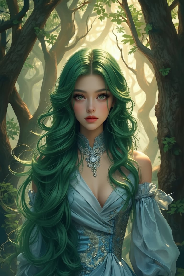 Lacquer painting style. A beautiful and charming woman with green silky wavy long hair, bright green and smart big eyes, thick eyelashes, and perfect facial proportions. She exudes confidence in a silver and blue outfit, highlighted by the soft golden light bathing her face. The enchanting forest setting showcases her striking features, including long hair flowing like a moonlit stream. Towering trees with twisted branches create a hypnotic dance, enhancing the gorgeous details of her attire.