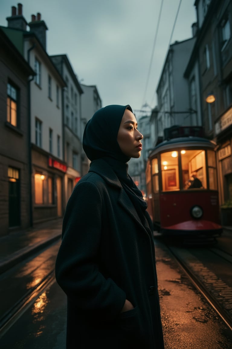 Here's a high-quality coherent stable diffusion prompt based on your input: A 1920s town scene at dusk: a confident young hijabi stands resolute near a vintage tram, bathed in REMBRANTDT Rembrandt-inspired studio lighting that casts dramatic shadows on her determined face and drenched attire. Her unwavering spirit is illuminated by the soft spotlight as she confronts the rain-soaked alleyway, where naval ships dock in the distance, smoke wisps drifting from chimneys, and water pools on the wet street. She stands with shoulders squared, facing the gloomy atmosphere with unyielding resolve, her features highlighted by the dramatic lighting that heightens her sense of defiance.
