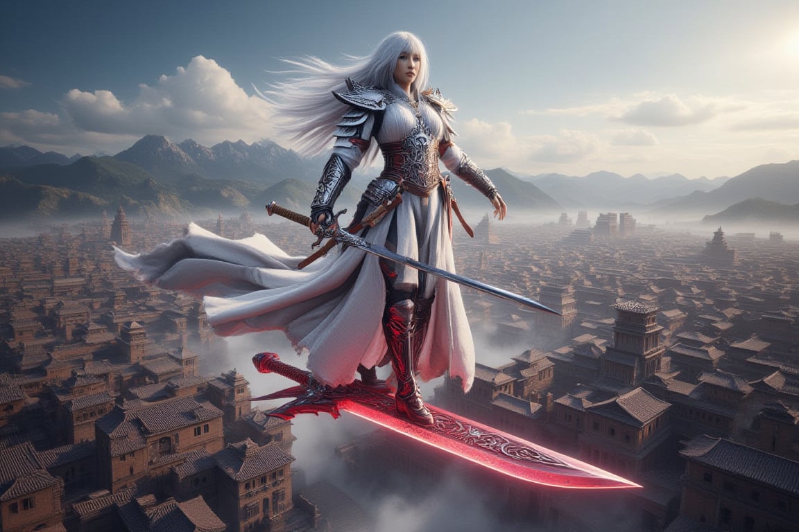 a white hair sistersofbattle warrior is riding a glowing flying sword in the air over an ancient city. she is wearing white warrior cloth, shoulder armor, Dynamic angle. Dynamic attack pose