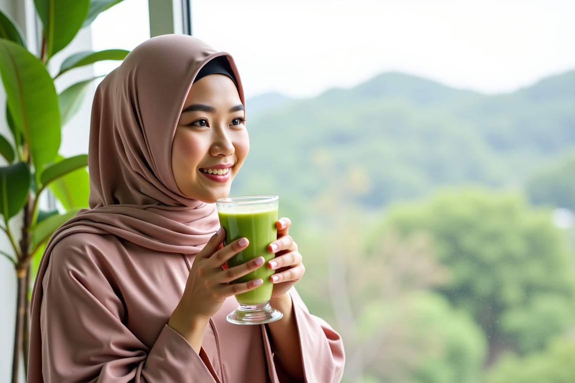 Enjoying the creamy and delicious avocado juice on a beautiful morning. a Korean Malay girl sit at window, she is enjoying the scenery. she is wearing hijab and long shawl