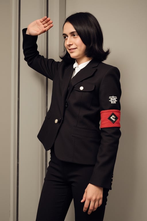 15 years old, Black hair, AnneF. AnneF wearing a tight Nazi suit while doing the Nazi salute