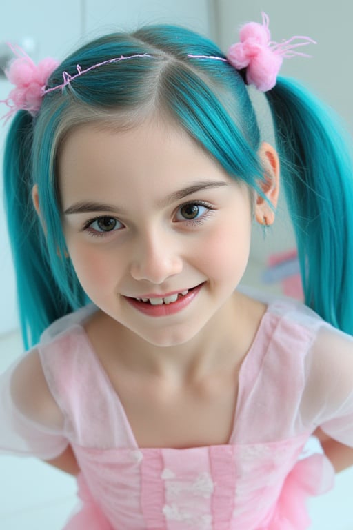 9 years old. blue hair with pigtails. Laurabcunny smiles and has a Hatsune Miku outfit