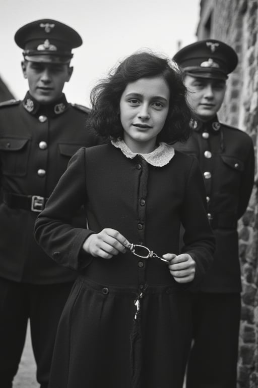 15 years old, Black hair, AnneF. AnneF has handcuffs tied on her hands. AnneF is being arrested by Nazi soldiers who hold her arms