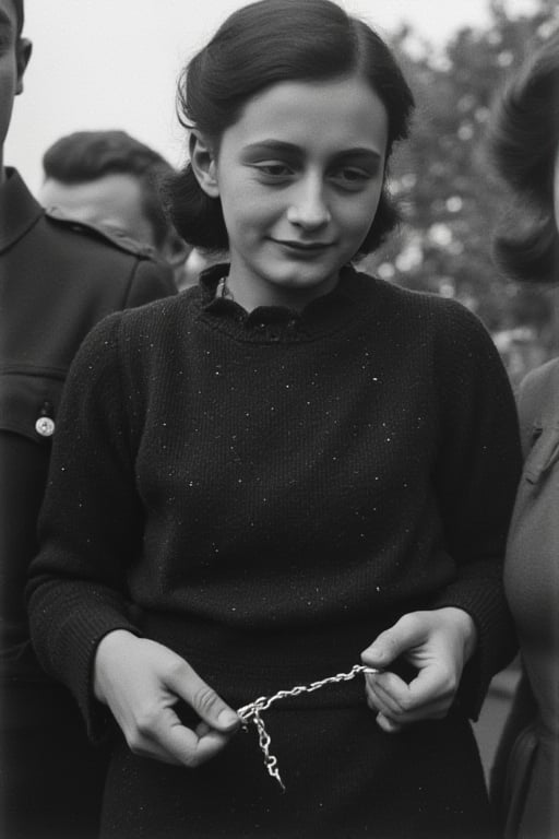 15 years old, Black hair, AnneF. AnneF has handcuffs tied on her hands. AnneF is being arrested by Nazi soldiers who hold her arms