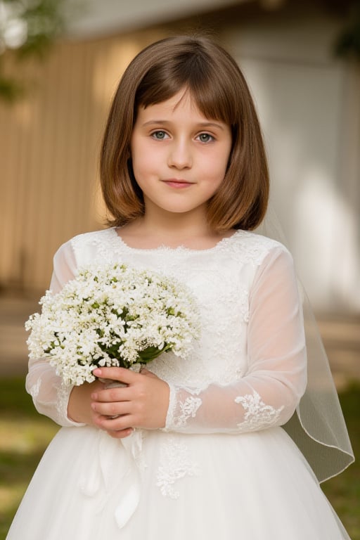 8 years old, Matilda., brown hair. Matilda in a wedding dress, Matilda holds a bouquet of white flowers