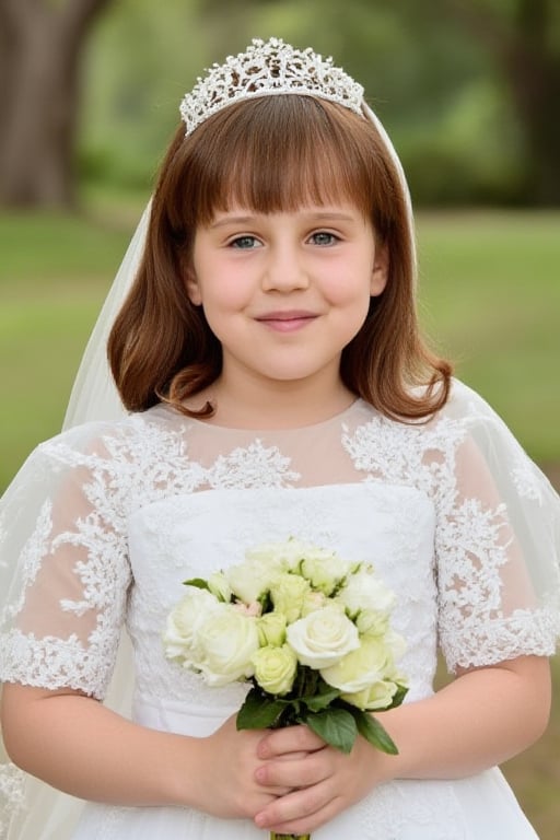 8 years old, Matilda., brown hair. Matilda in a wedding dress, Matilda holds a bouquet of white flowers