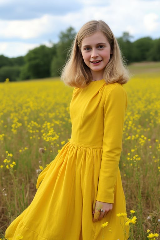 AnneF in yellow dress in a beautiful flower field