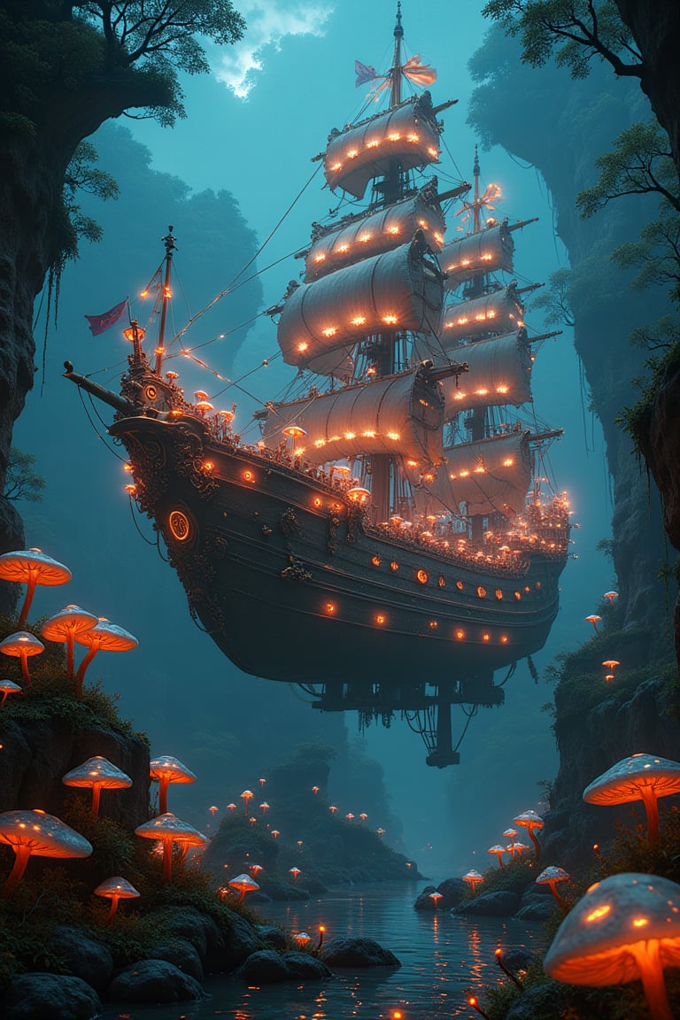 A realistic, elaborate ship covered in glowing mushrooms, set in a fantasy world. The ship features intricate details and a very detailed, immersive environment. The mushrooms emit a soft, ethereal light, enhancing the mystical atmosphere. Cinematic lighting and 8k resolution capture the scene with absurdres quality.