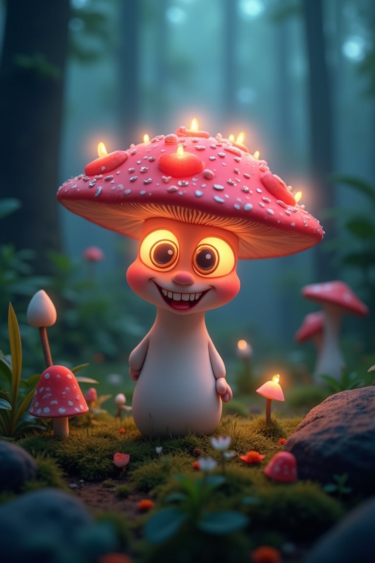 A whimsical fantasy scene featuring a glowing mushroom with big, expressive eyes and a big smile. The mushroom is brightly lit, casting a soft, ethereal glow. The composition is centered, with the mushroom standing tall in a lush, magical forest. The framing is close-up, focusing on the mushroom's charming features.