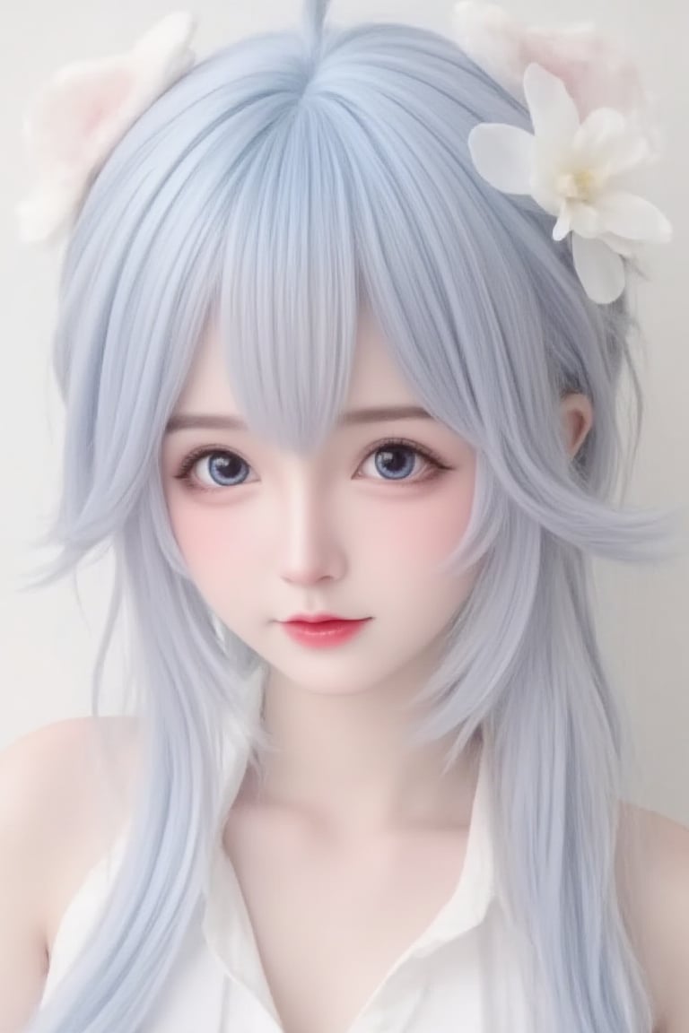 1girl, 

Cosplay, Real person, photo, twitter username, white background, mini person, aqua eyes, looking at viewer, grey hair, :i, aqua hair, simple background, blush, minigirl, blue hair, hair flower, solo, hair ornament, close-up, portrait, flower,
