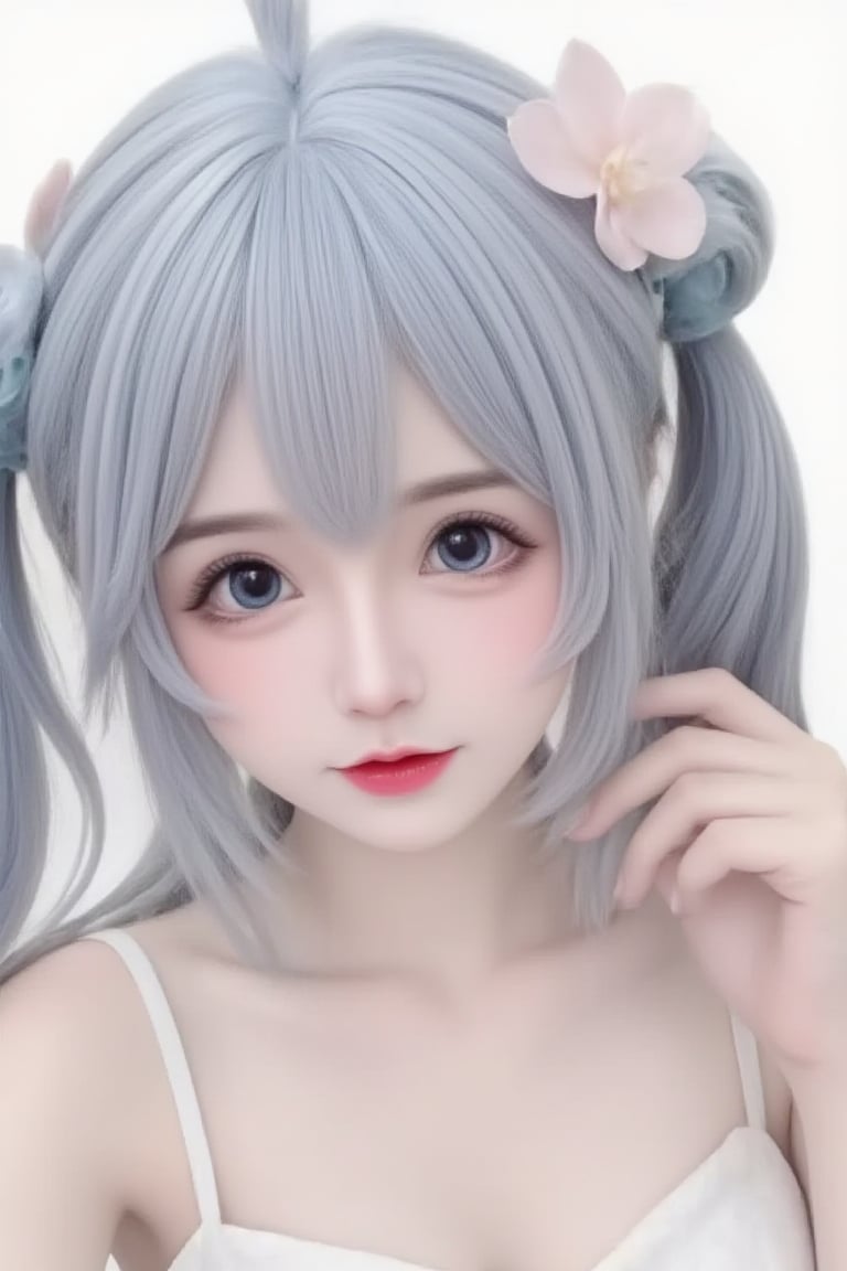 1girl, 

Cosplay, Real person, photo, twitter username, white background, mini person, aqua eyes, looking at viewer, grey hair, :i, aqua hair, simple background, blush, minigirl, blue hair, hair flower, solo, hair ornament, close-up, portrait, flower,
