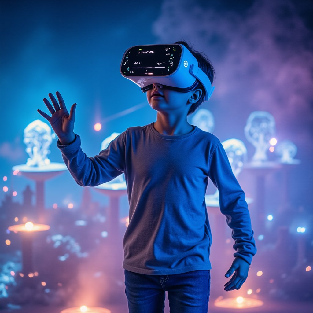 A young boy, approximately 10 years old, stands in a virtual reality environment. He is wearing a futuristic VR headset and gloves, with a digital landscape visible through the transparent lenses. The scene is brightly lit with neon colors, and the boy is mid-stride, as if exploring the virtual world. The background features floating islands, holographic trees, and a sky filled with swirling data streams. The composition is centered, with the boy in the foreground, capturing his sense of wonder and adventure.