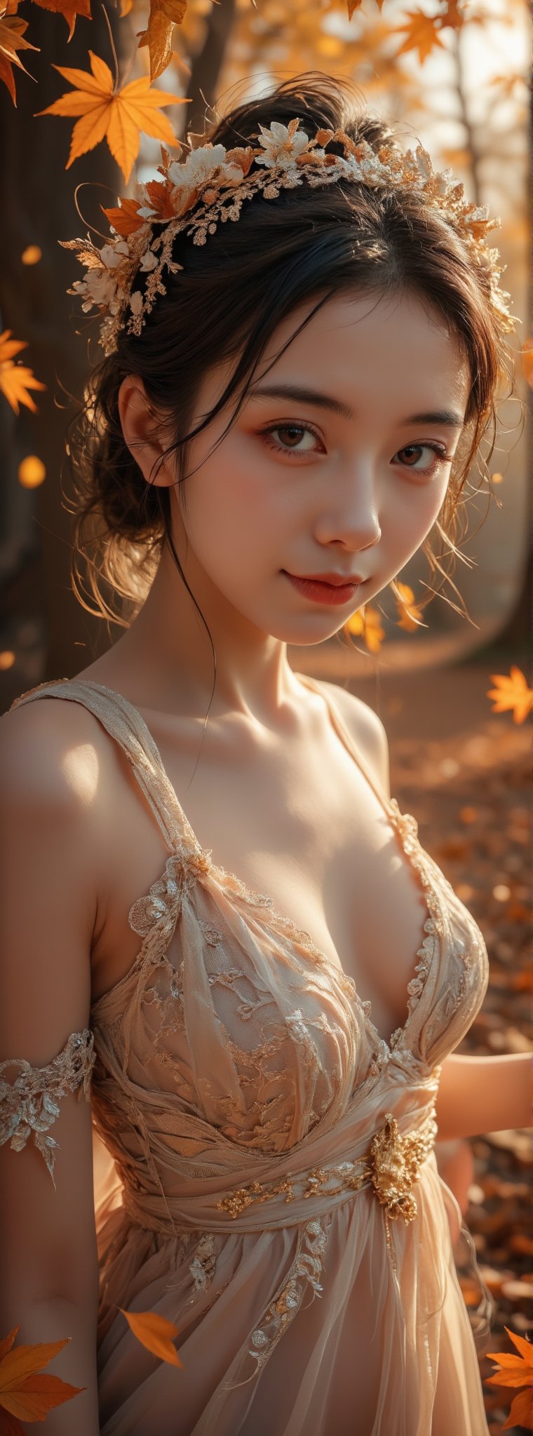 A stunning Korean girl poses confidently in a picturesque forest setting, surrounded by vibrant autumn maple leaves. She wears a delicate white lace dress that highlights her toned upper body and accentuates her impressive bust, with long black hair framing her face and bangs gently falling across her forehead. Her bright brown eyes sparkle with joy as she gazes directly at the viewer, exuding happiness and contentment. The soft sunlight filters through the trees, casting a warm glow on her features. (upper body:1.4)