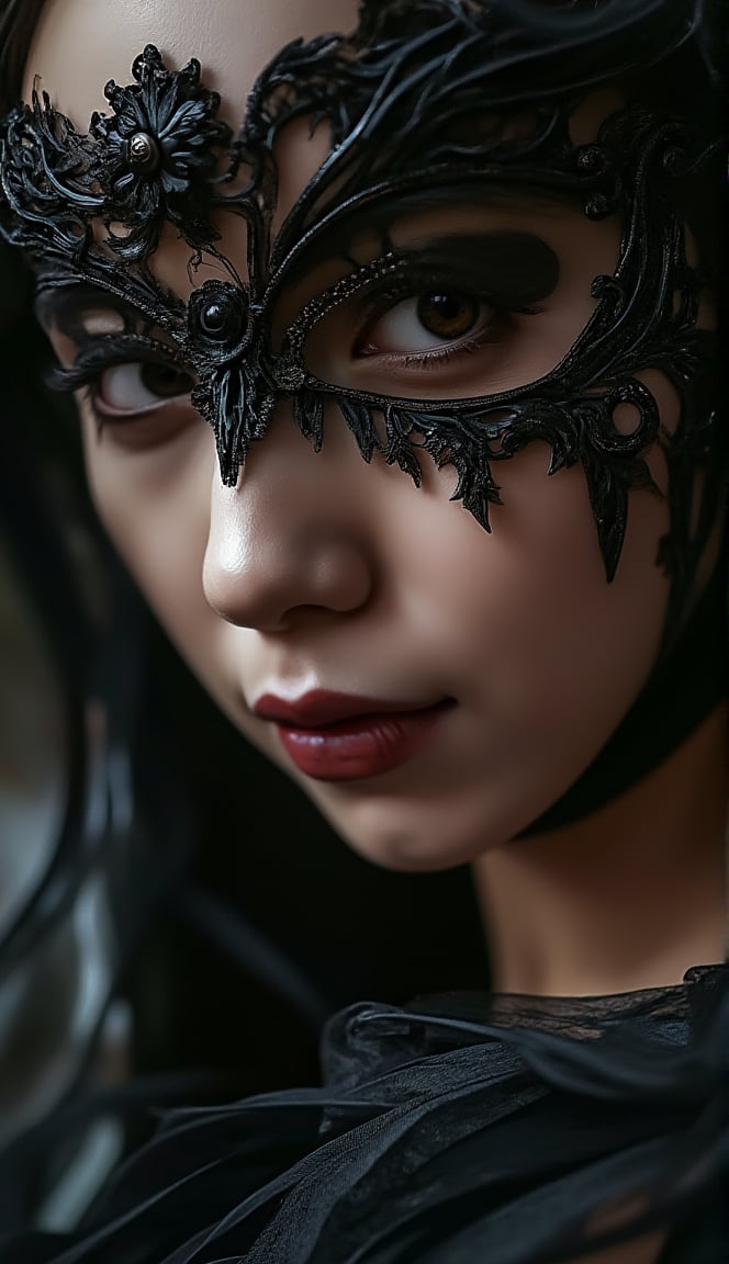 (a close up of a person wearing a mask, female zorro, dreamy gothic girl, elegant render, half body photo, mistress, photoshop render, ebony rococo, elegant girl, female spy, haunting beautiful young woman, super-hero girl, extravagant dress, beauty girl