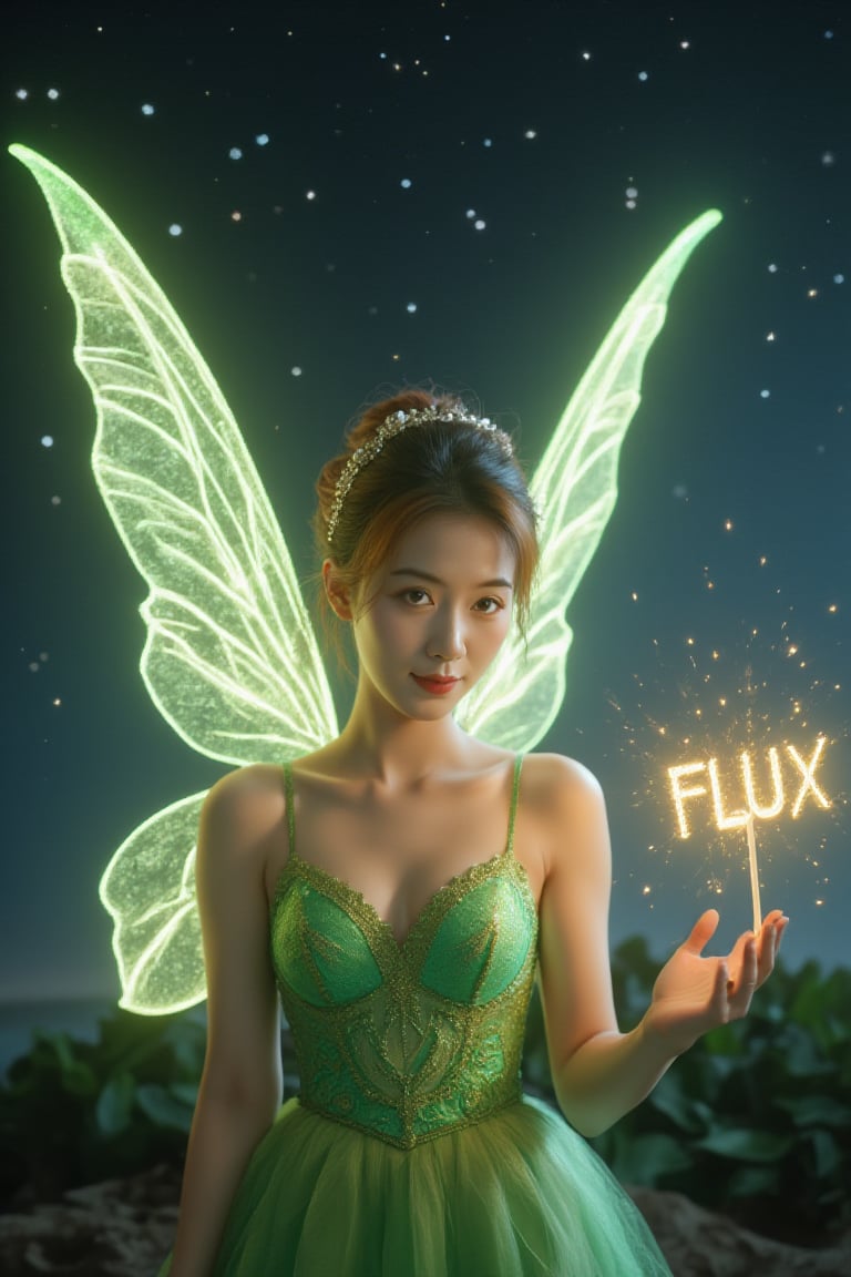 Realistic Asian Tinkerbell with elegant updo hair and green lace outfit. (She gracefully waves her glowing magic wand, forming the sparkling word "FLUX" in gold letters. Her delicate wings shine in the moonlight, and behind her lies a cloud of fairy dust). The night sky is full of stars, creating a fantastic atmosphere. movie lighting,