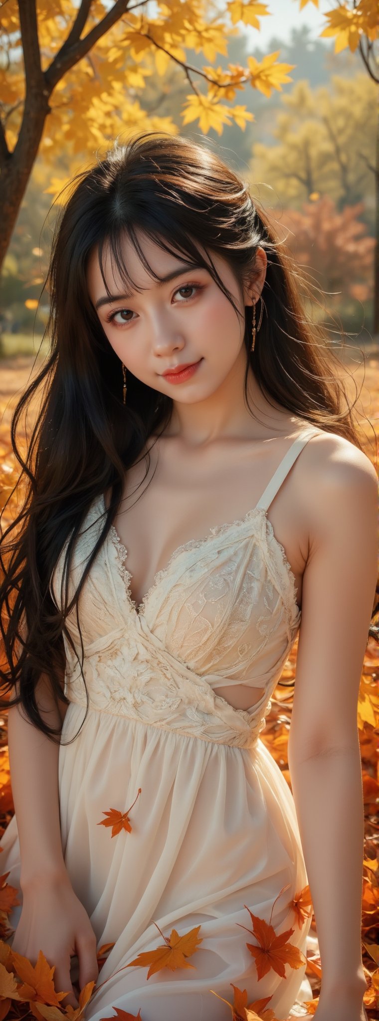 A stunning Korean girl poses confidently in a picturesque forest setting, surrounded by vibrant autumn maple leaves. She wears a delicate white lace dress that highlights her toned upper body and accentuates her impressive bust, with long black hair framing her face and bangs gently falling across her forehead. Her bright brown eyes sparkle with joy as she gazes directly at the viewer, exuding happiness and contentment. The soft sunlight filters through the trees, casting a warm glow on her features. (upper body:1.4)