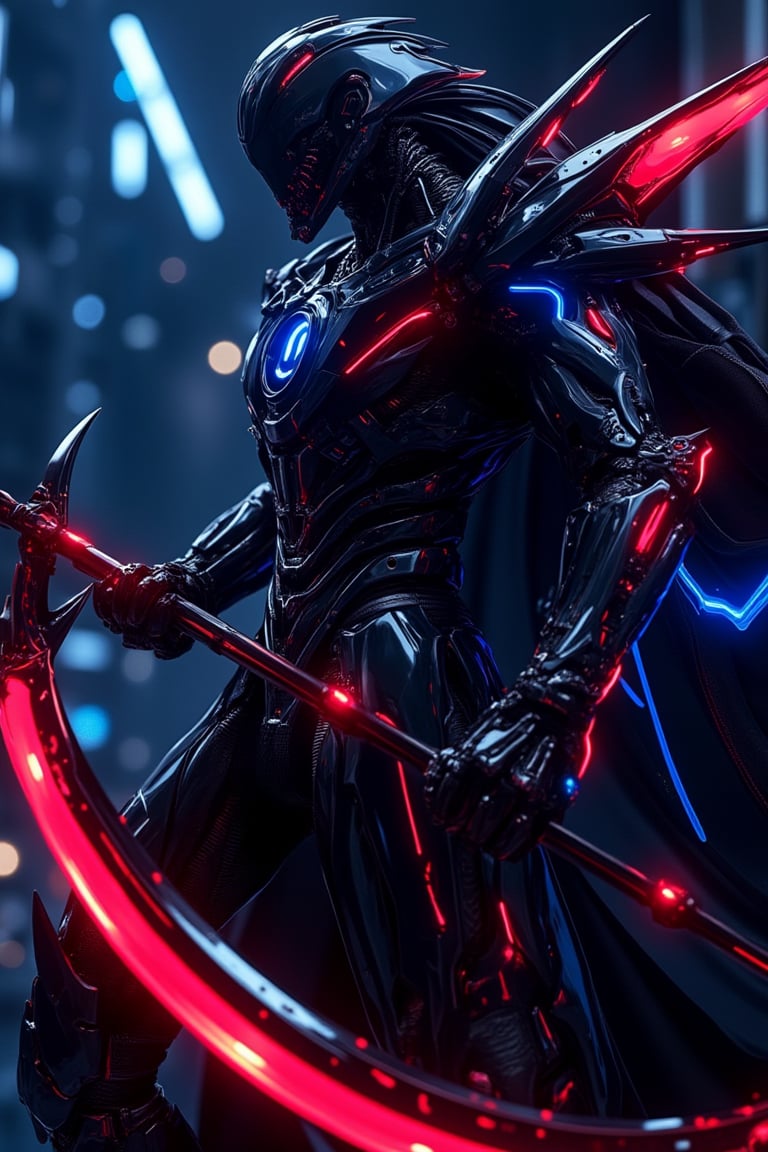 A half medium shot of CyborgMechaNeemo, featuring a sleek red and blue glowing design. The cyborg wields a scythe as a majestic weapon, with the blade reflecting a metallic sheen under dynamic lighting. The composition highlights the intricate details of the cyborg's mechanical parts, set against a futuristic, high-tech background.